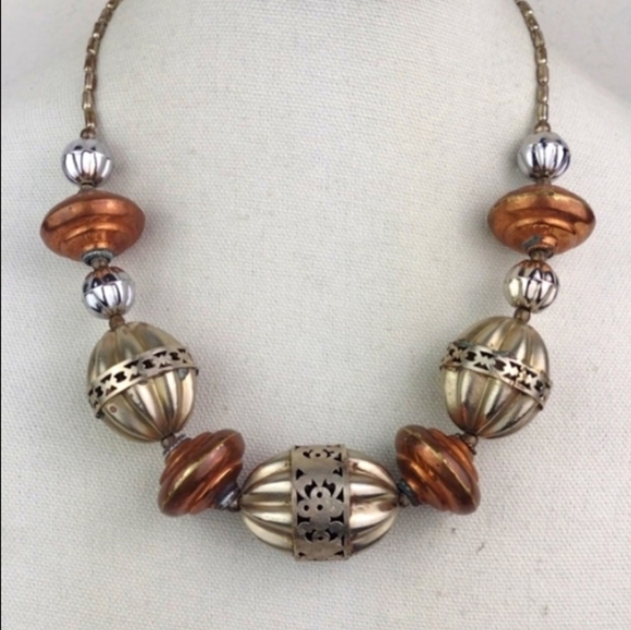 Edgy Victorian Very Vintage Style  Crafted Silver & Copper Tone Bauble Necklace - Picture 1 of 9